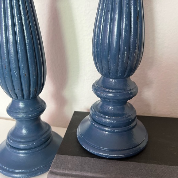 2 Blue Wooden Hand Painted Candle Holder Set Home Decor Rustic Modern Custom Mad - Picture 8 of 13